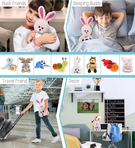 Vista 4 de DolliBu Animal de peluche de conejo de oro rosa con pelota de fútbol, conejo suave para abrazar, adorable juguete de peluche de oveja para jugar