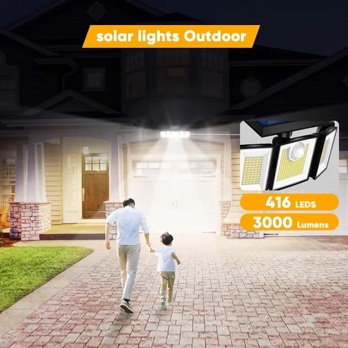 Vista 2 de MDCMDCM Luces solares al aire libre con sensor de movimiento - 3000LM con cable de 16.4 pies 3 niveles de brillo 3 modos, luces solares de seguridad