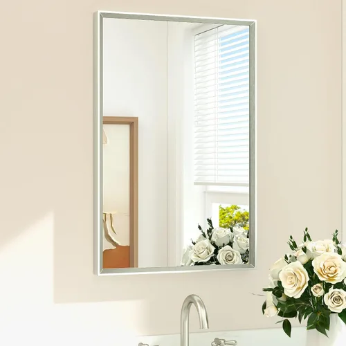Vista 89 de TETOTE Espejo de baño dorado cepillado de 20" x 30", espejo de tocador de baño rectangular de latón dorado cepillado con marco biselado para sobre