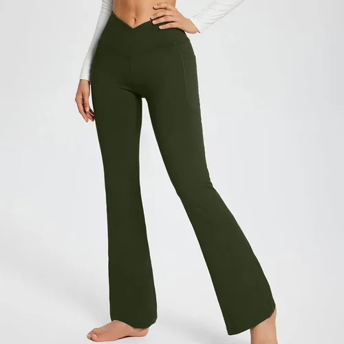Vista 2 de Leggings acampanados cruzados para mujer, cintura alta, corte en V, corte de bota, pantalones de yoga acampanados con bolsillos