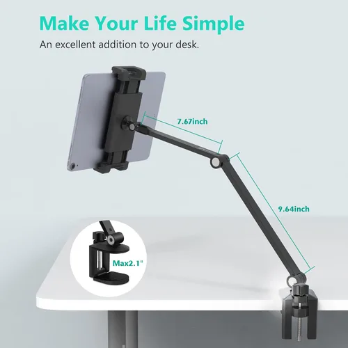 Vista 5 de Soporte de Escritorio para iPad, Abrazadera Ajustable para Tablet, Rotación de 360 Grados, Montura de Brazo de Tablet de Aluminio Resistente