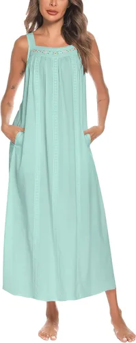 Vista 30 de YOZLY Camisones de algodón para mujer con bordado, sin mangas, con bolsillos S-XXXL