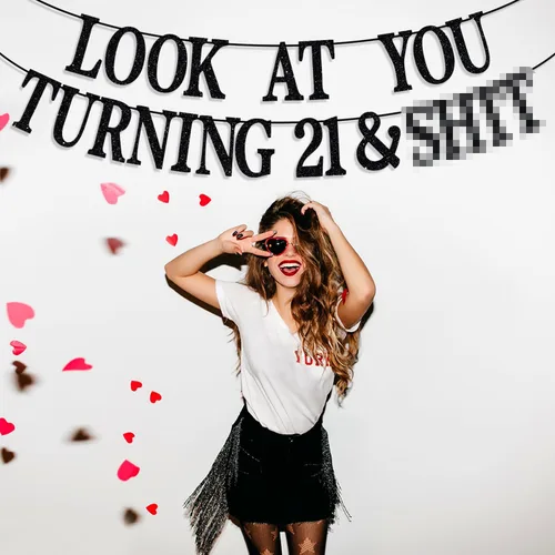 Vista 3 de Cartel negro con purpurina Look At You Turning 21 & Sh*t, Rip Fake ID/21 & Legal/Happy 21st Birthday/Cheers to 21 Years