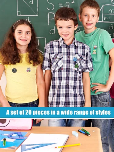Vista 3 de Kigeli 20 broches de ciencias matemáticas lindos Pi Sign Pin Kawaii Química Ciencia Joyería Dibujos Animados Regreso a la Escuela Insignias