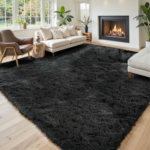 Vista 73 de Alfombras pequeñas de 2 x 3 pies, alfombra negra para dormitorio, alfombra moderna de pelo largo, alfombra pequeña, alfombra de noche esponjosa