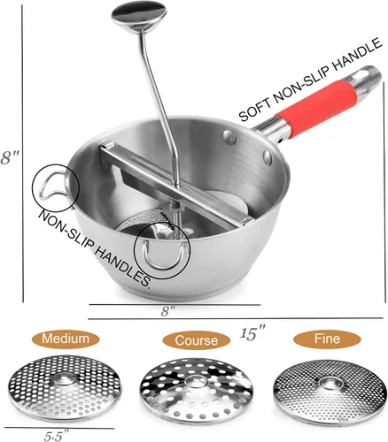 Vista 3 de Molino de alimentos de acero inoxidable – 3 discos de molinillo de alimentos – Enricer de patatas para puré de papas – Manivela de mano