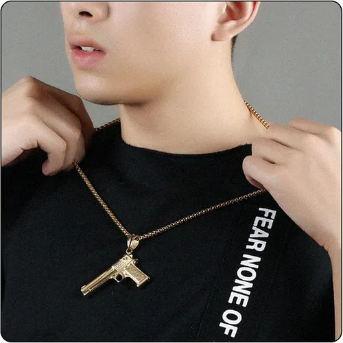 Vista 6 de Fusamk Collar con colgante de pistola de acero de titanio Punk Rock, cadena de eslabones de 22 pulgadas, Acero de titanio, No es una piedra preciosa