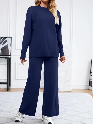 Vista 9 de SuperPrity Conjunto de suéter de manga larga para mujer, 2 piezas, cuello alto, suéter de punto trenzado, suéter de pierna ancha con bolsillos