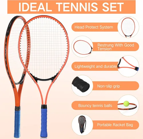 Vista 4 de 6 Pcs Tennis Rackets for Adult Recreational 6 Players 27'' Tennis Racket Set with 3 Balls Lightweight Tennis Rackets for Tennis Training Beginner