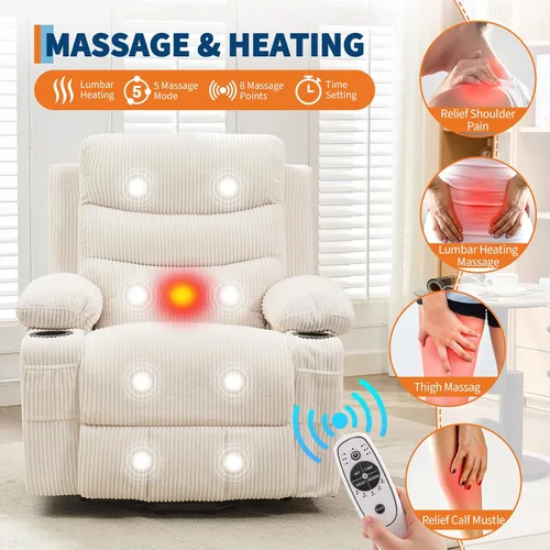 Vista 4 de Silla reclinable eléctrica para personas mayores con masaje y calor, reclinables eléctricos de gran tamaño, asiento de cine en casa con 2 portavasos