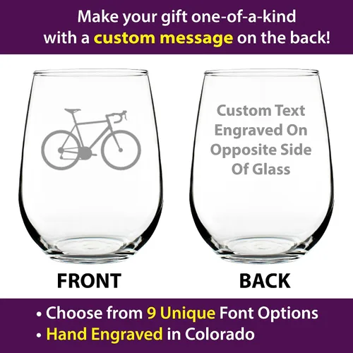 Vista 2 de Custom Bicycle Personalized Stemless Wine Glass - Unique Road Biking Themed Decor and Gifts for Cyclists - Large 17 Oz Glasses - Customized Wine