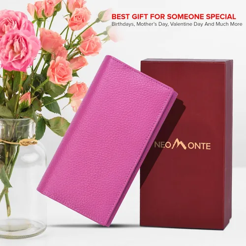 Vista 2 de NeoMonte Billeteras de cuero para mujer - Cartera de bloqueo RFID con 10 ranuras para tarjetas de crédito (fucsia)