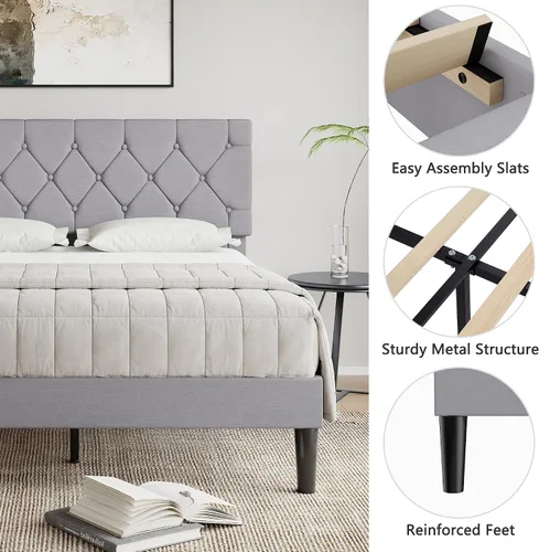 Vista 5 de VECELO Base de cama tamaño Queen con cabecera capitoné con botones, plataforma tapizada con soporte de listones de madera, no necesita somier