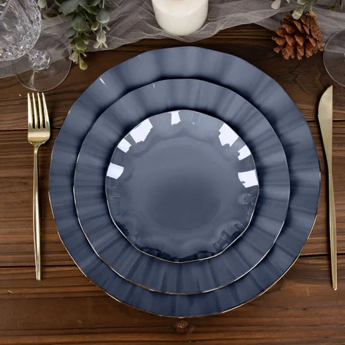 Vista 79 de Tableclothsfactory Paquete de 10 platos redondos de plástico negro de 6 pulgadas para ensalada de postre, platos desechables con borde ondulado