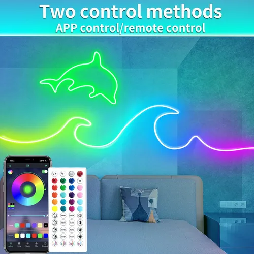 Vista 2 de Luces de Cuerda LED de Neón de 50 Pies Sincronización Musical IP65 Impermeable Flexible Luces de Cuerda LED Control Remoto de 40 Teclas/APP, Luces