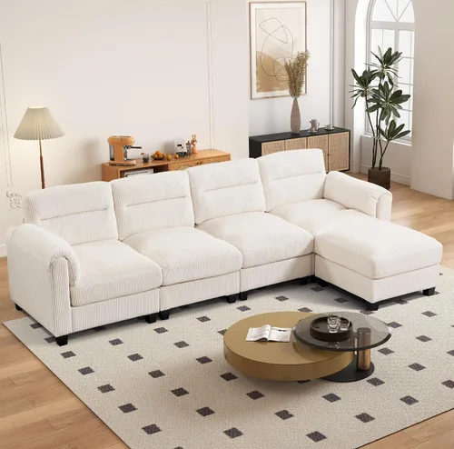 Vista 100 de HAOMARKETS Sofá esquinero modular en forma de L de 115 pulgadas con 2 otomanas móviles, sofás de pana de 8 plazas con cojín grueso para sala de Beige