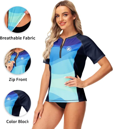 Vista 3 de AOBUTE Camiseta de natación de manga corta con cremallera UPF 50+ para mujer