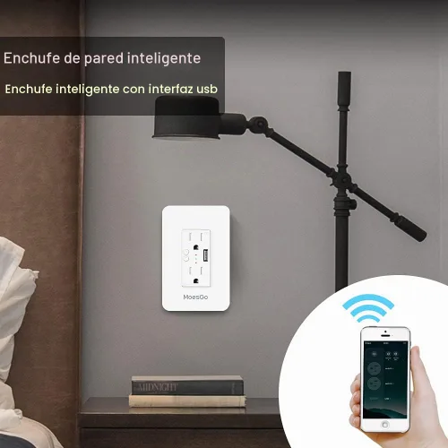 Vista 2 de MoesGo Toma de corriente inteligente de pared con USB, enchufe WiFi con 2 tomas de corriente, control dividido de 15 amperios, control remoto Smart