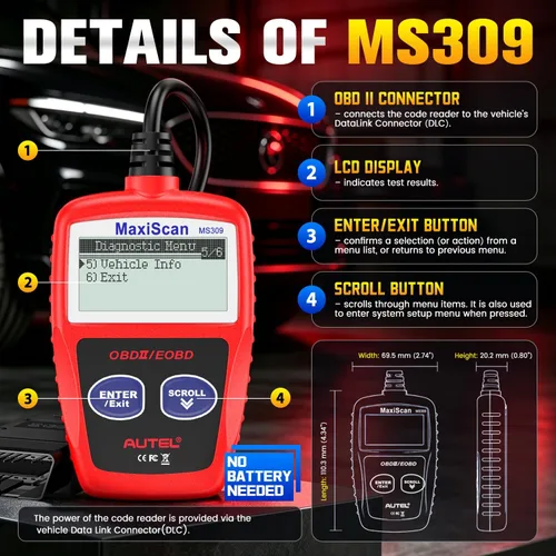 Vista 5 de Autel OBD2 Escáner MS309 Universal para Coche, Lector de Códigos de Fallas del Motor, Comprueba la Luz de Verificación del Motor y el Estado