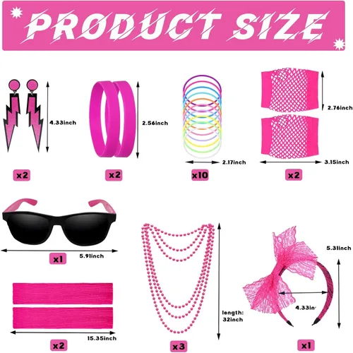 Vista 2 de Accesorios de disfraces de los años 80, vestidos de neón de estilo elegante de los años 80, conjuntos de fiesta y kits para mujeres y niños