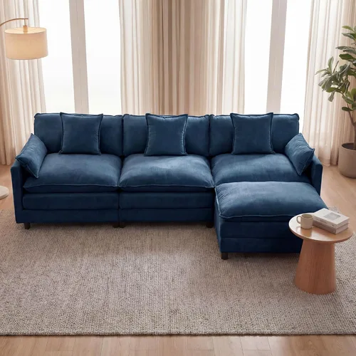 Vista 3 de Juego de sofá modular de 107 pulgadas con otomana, sofá convertible en forma de L, sofá de asiento profundo de felpilla de 3 plazas con almohadas