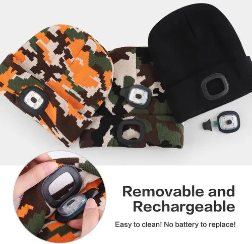 Vista 2 de SUNPRO Gorro LED con luz, gorro de punto iluminado, gorra recargable, regalos cálidos de invierno para hombres, mujeres, perros, caminar, acampar