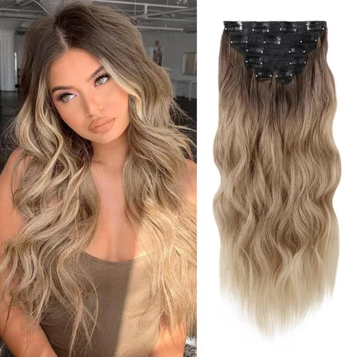 Vista 31 de WECAN Extensión de cabello con clip, de 20 pulgadas, mezcla de rubio ceniza y rubio decolorado, 6 piezas, extensiones de cabello largo ondulado