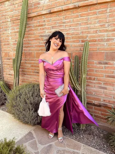 Vista 6 de Dymaisei Vestidos de baile de graduación con hombros descubiertos, vestidos de dama de honor de satén para mujer, vestidos formales con cuentas
