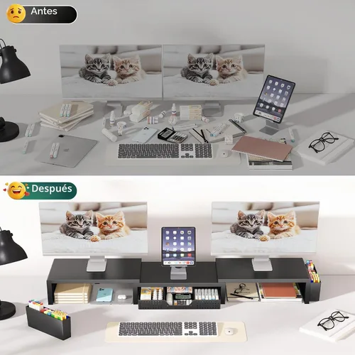 Vista 6 de OPNICE Soporte elevador de monitor doble con cajón y 2 soportes para bolígrafos, organizador de escritorio para suministros de oficina, soporte