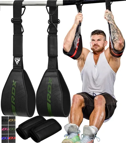 Vista 10 de RDX Correas AB para colgar en la barra de dominadas (par), cuero Maya Hide, construcción muscular abdominal, eslingas acolchadas de soporte