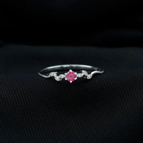 Vista 2 de Anillo de promesa con solitario de rubí mínimo, anillo inspirado en hojas para mujer (0.118 in, calidad AAA, joyería de piedra natal de julio)