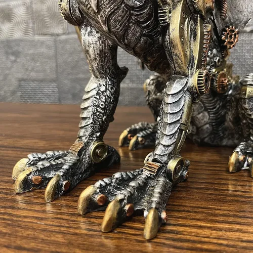 Vista 8 de Estatua de dragón steampunk gótica retro equipo mecánico sentado dragón de aspecto metálico, escultura de resina para el hogar, decoración de cuevas