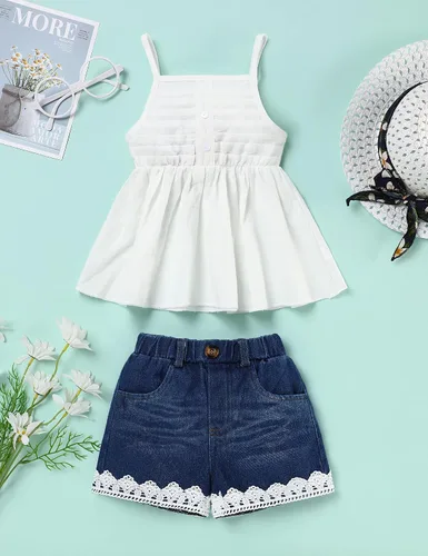 Vista 9 de SEYOUAG Conjunto de 2 piezas de ropa para niña pequeña + pantalones cortos de mezclilla