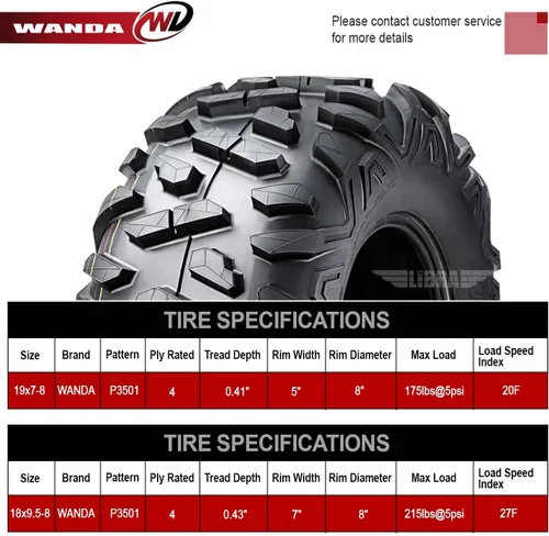 Vista 2 de WANDA Juego de 4 neumáticos ATV 19X7-8 delanteros y 18X9.5-8 traseros 4PR estilo Big Horn