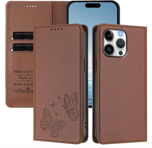 Vista 3 de Butterfly Embossed Leather Wallet Flip Case for Motorola Moto E22i 4G, Magnetic Closure, RFID Blocking Cover, Card Holder Brown.