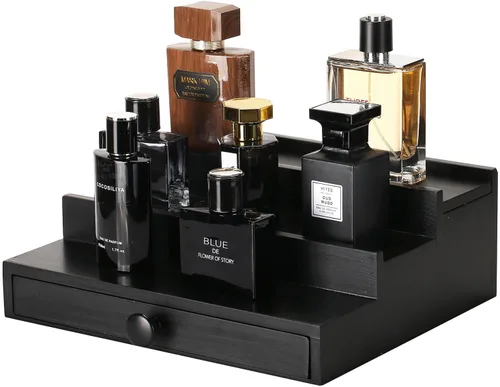 Vista 11 de 4 Tier Men's Cologne Organizer, Black Wooden Display Stand with Drawer Negro-4 niveles