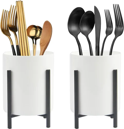 Vista 14 de Organizador de cerámica para cubiertos, soporte redondo para utensilios, soporte para utensilios de cocina para encimera, taza de cerámica con borde