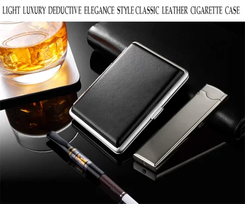 Vista 3 de Caja de cigarrillos elegante de cuero con superficie de metal para 20 cigarrillos, caja de cigarrillos para hombres y mujeres, regalo ideal