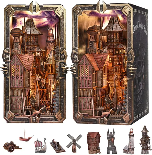 Vista 13 de fifijoy Kit de rincón de libros, casa de muñecas en miniatura para adultos y adolescentes, rompecabezas de madera 3D con luz LED, decoración retro