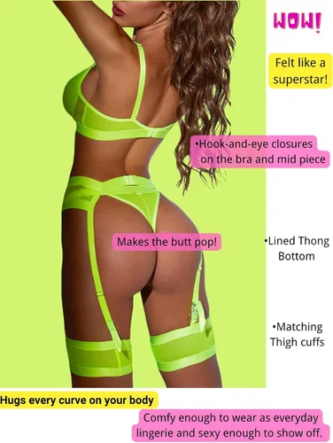 Vista 3 de Garter - Lencería con liguero para mujer sexy de encaje y traslúcida a juego de 4 piezas