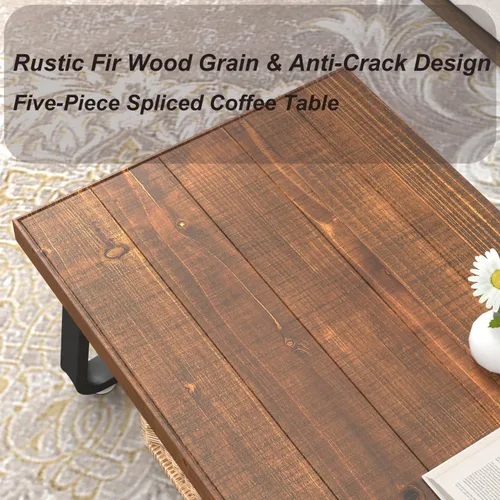 Vista 4 de IBF Mesa de centro rústica, mesa de té de madera maciza industrial, mesa de centro de madera real, mesa de café rectangular moderna y minimalista