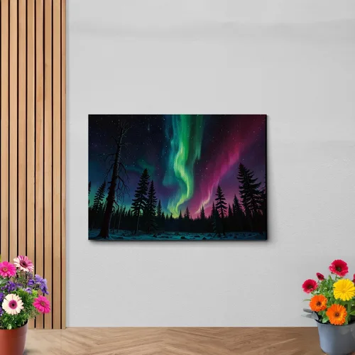 Vista 6 de Aurora Borealis, Northern Lights Art, framed canvas print, snow capped mountain landscape art, synthwave vaporwave, Canvas Art, Decor