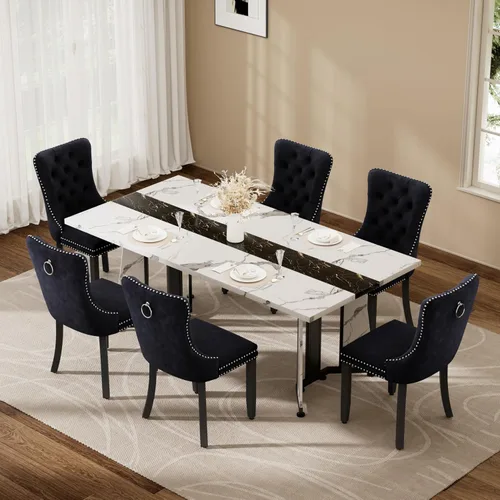 Vista 37 de Juego de mesa de comedor de 5 piezas con 4 sillas, mesa de comedor rectangular de madera de 71 pulgadas con sillas de comedor de terciopelo, tablero