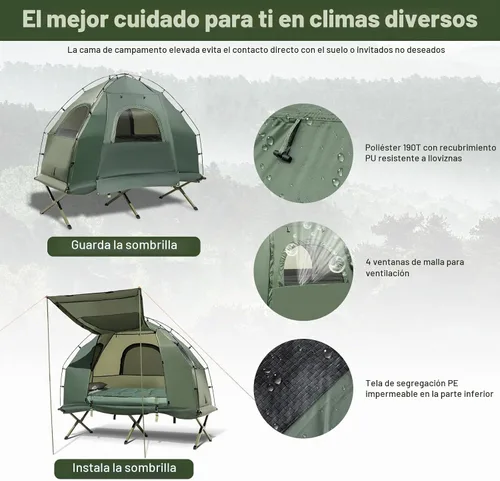 Vista 6 de Tangkula Combo de Catre de Tienda 5 en 1 con Toldo, Colchón de Aire, Saco de Dormir, Almohada, Tienda Individual Elevada con Bolsa de Transporte