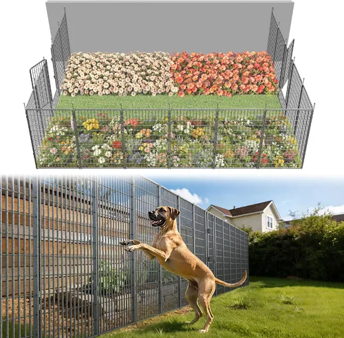 Vista 30 de FXW Valla de jardín al aire libre para el patio, 17 pulgadas de alto x 29.3 pies de largo, barrera de metal resistente para animales, para perros