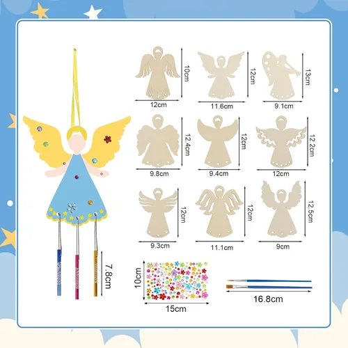 Vista 7 de Fennoral Paquete de 9 carillones de viento de ángel para niños, campanillas de viento de ángel, manualidades de madera para pintar para actividades
