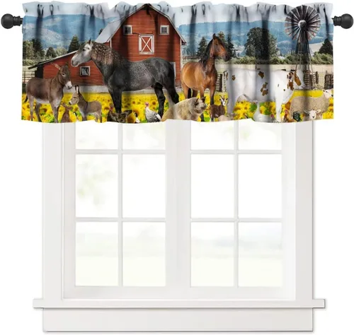Vista 18 de Cenefa de ventana de gallo de Western Farm, pollo, girasol, retro, con estampado de cuadrícula de búfalo amarillo, bolsillo para barra, tratamientos