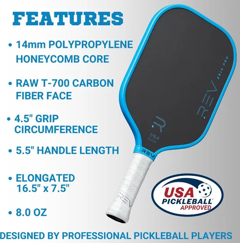 Vista 3 de Rev Pickleball Pro-Performance Paddle - Pickleball Racket - Carbon Fiber Face - Thermoformed with Foam-Injected Walls - 14mm - 16.5"x7.5"- 8oz - USA