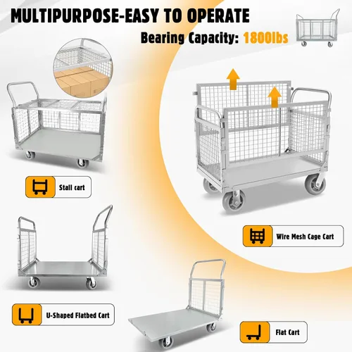 Vista 2 de Carrito de Plataforma con Jaula, Multiusos 6 en 1 Plegable Carrito de Plataforma Plana Carrito de Empuje Resistente Diablito con Ruedas Giratorias