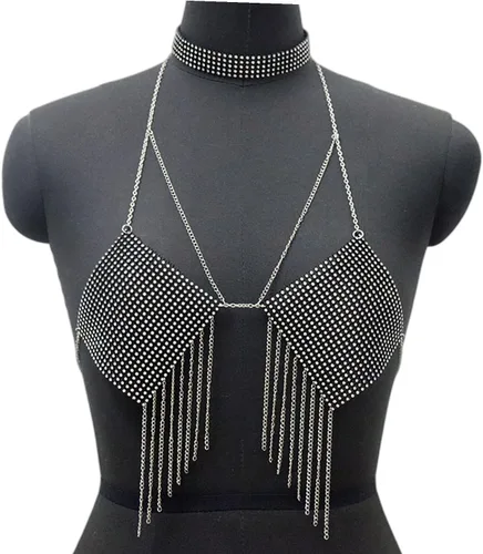 Vista 4 de Camiseta corta sin espalda con diamantes de imitación brillantes para mujer, sexy, halter, transparente, para salir por la noche, fiesta, club